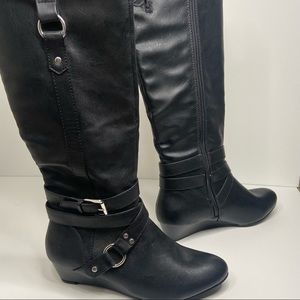 Women’s size 6.5 Xhilaration 13.5” Black Synthetic Leather Zip-Up Boots